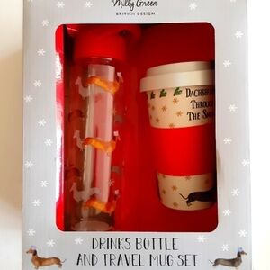 Milly Green Dachshund Dog Christmas Drinks Bottle And Travel Mug Set New